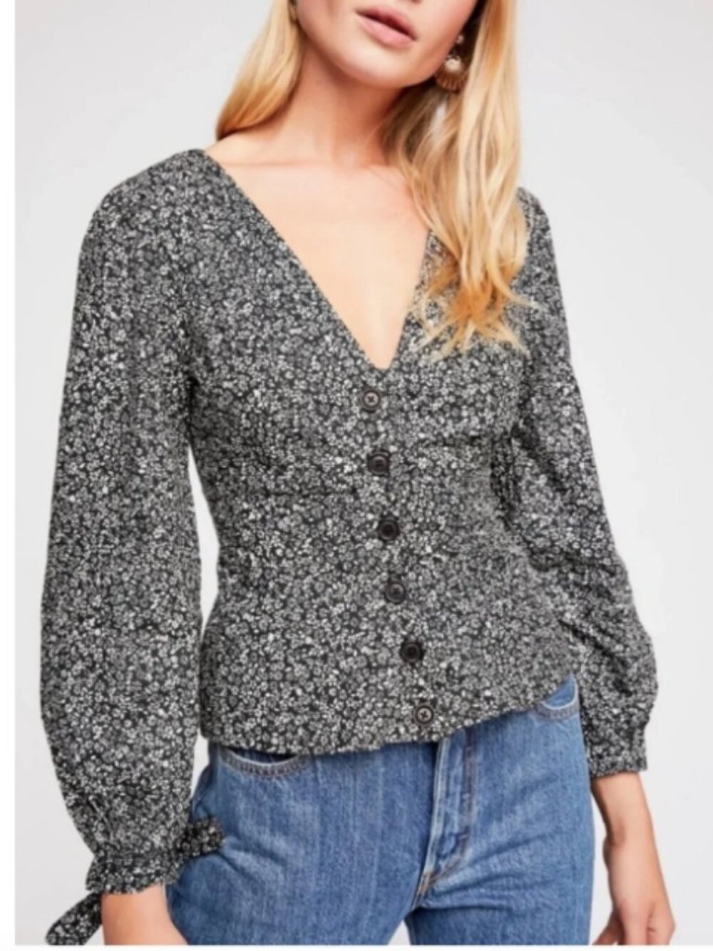 FREE PEOPLE Sienna Floral Blouse Black White Buttons M Tie Sleeve Cotton Boho